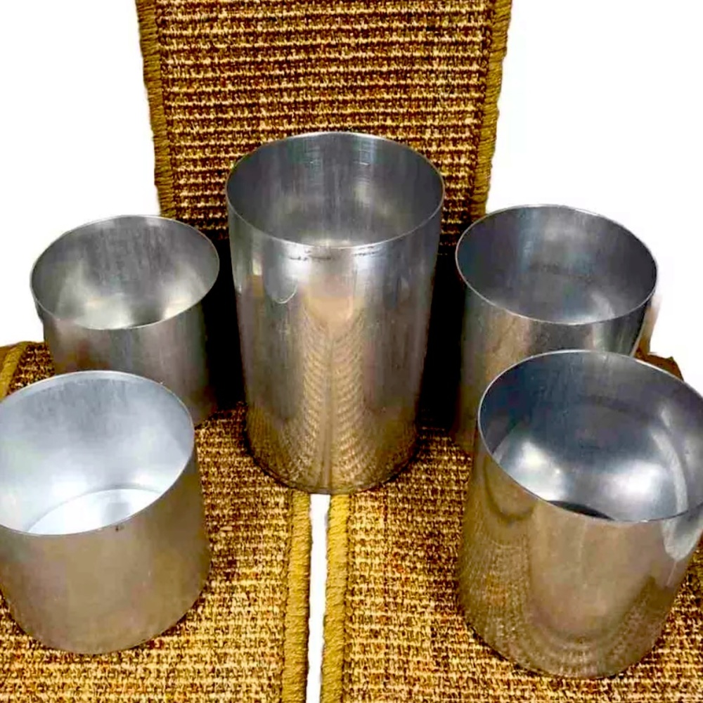 LOT of 5 Aluminum Candle Molds 4” dia x various heights, concave tops, seasoned